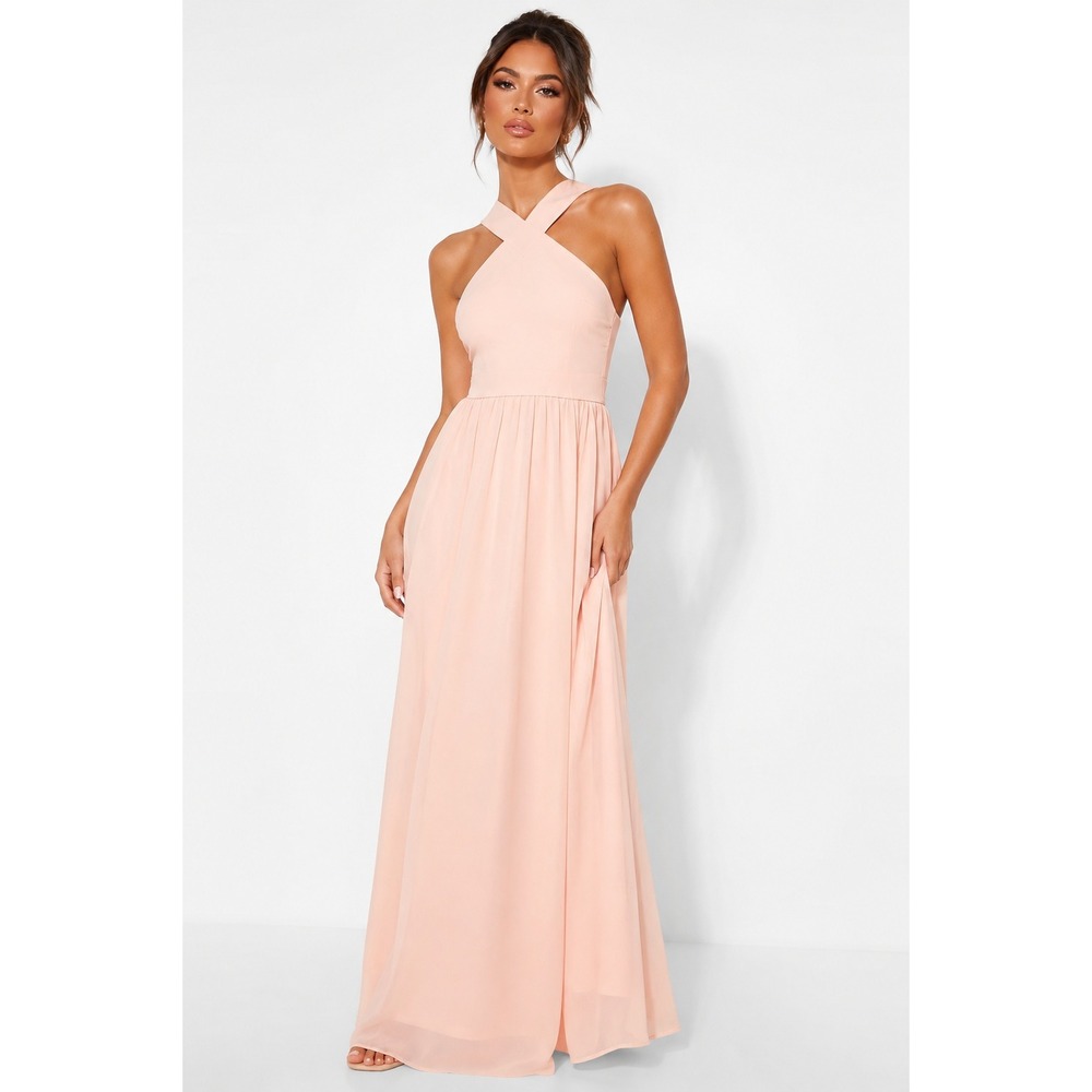 Lulus Womens Peach Pink‎ Halter Crisscross Back Maxi Dress XS Formal Gown